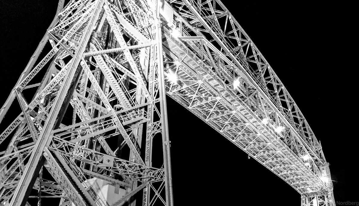 Duluth Aerial Lift Bridge at night, black and white long exposure