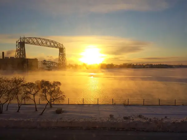 Duluth Aerial Lift Bridge at sunrise over Lake Superior