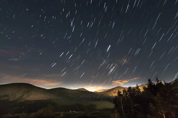 Star trails streaking across the sky above a mountain valley
